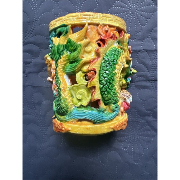Foo Dog Vastu Dragon Pen Holder Colorful Feng Shui Power Wealth Decorative 4” - Picture 5 of 13